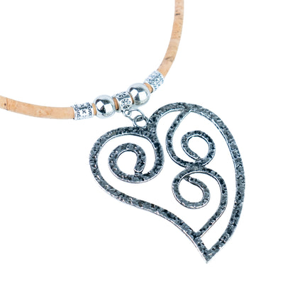 Portuguese Handmade Cork Necklace with Vintage Filigree Heart Pendant  NE-1096-5