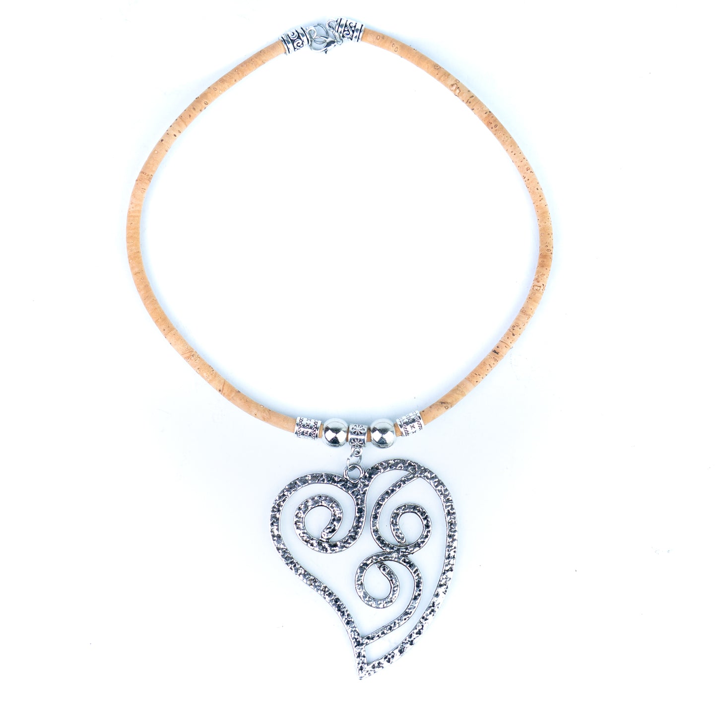 Portuguese Handmade Cork Necklace with Vintage Filigree Heart Pendant  NE-1096-5