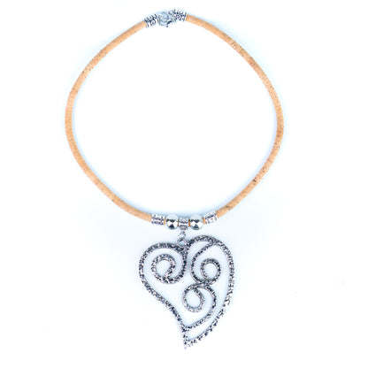 Portuguese Handmade Cork Necklace with Vintage Filigree Heart Pendant  NE-1096-5