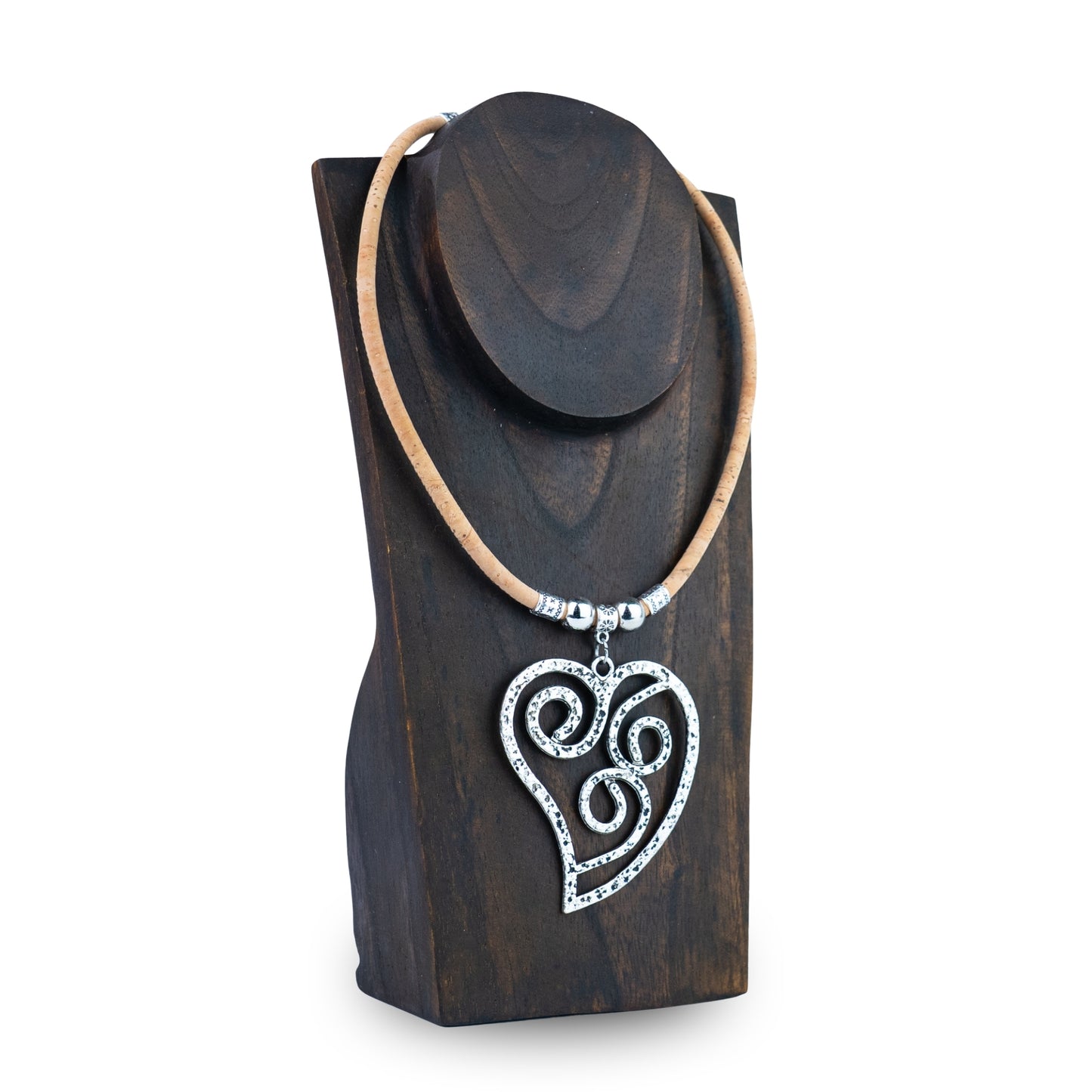 Portuguese Handmade Cork Necklace with Vintage Filigree Heart Pendant  NE-1096-5