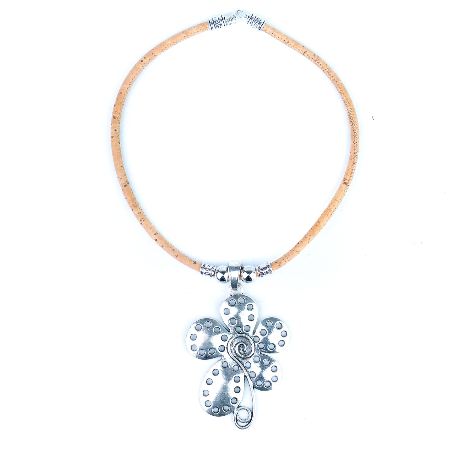 Portuguese Handmade Cork Necklace with Floral Alloy Pendant NE-1091-3