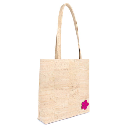 All Cork Tote Bag with  Flower Charm - Vegan Leather Shopper BAGP-359
