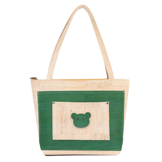 All Cork Tote Bag with Bear Charm - Vegan Leather Shoulder Bag