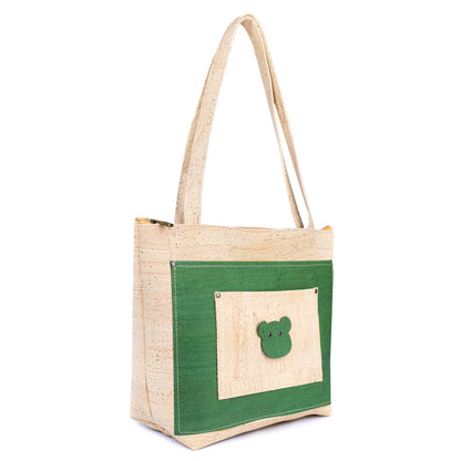 All Cork Tote Bag with Bear Charm - Vegan Leather Shoulder Bag