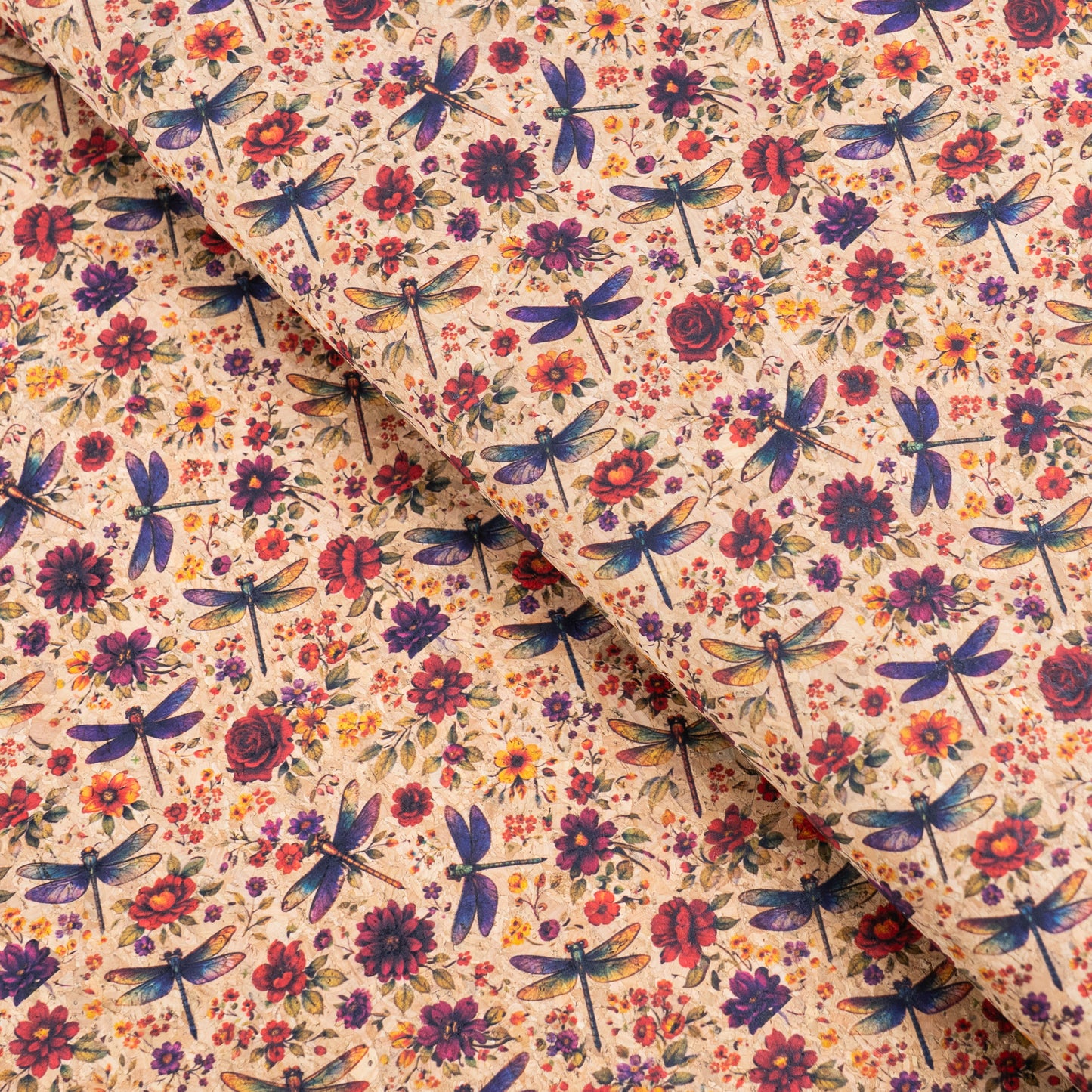 Floral Cork Fabric with Dragonflies COF-15