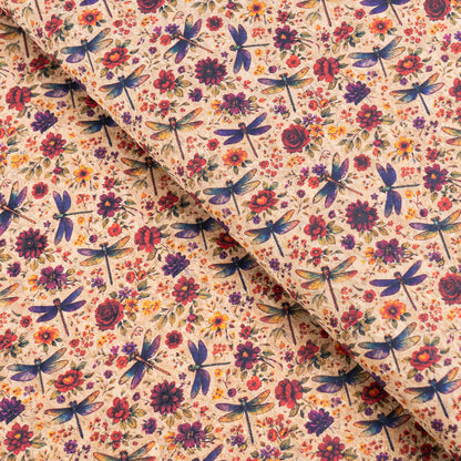 Floral Cork Fabric with Dragonflies COF-15