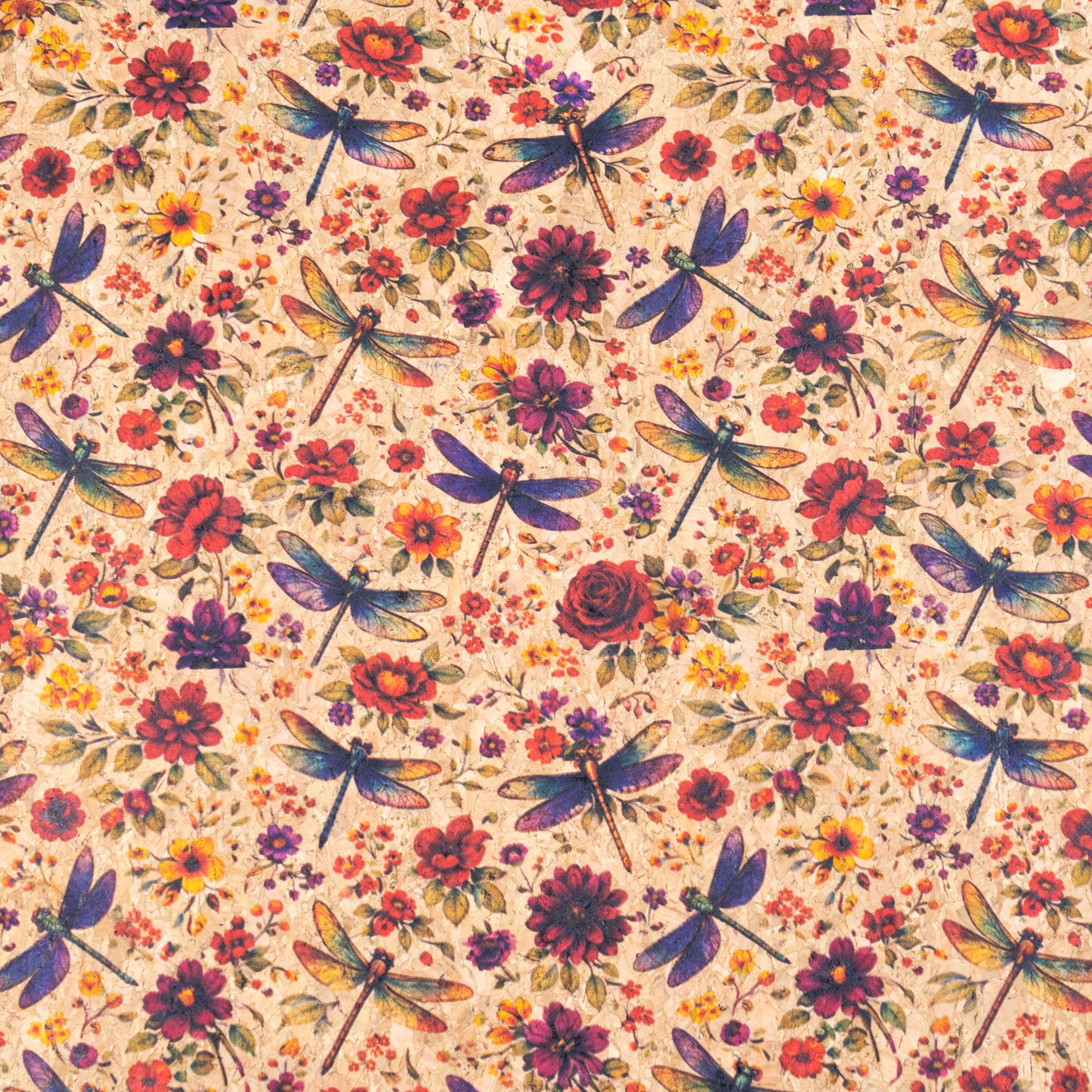 Floral Cork Fabric with Dragonflies COF-15