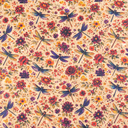 Floral Cork Fabric with Dragonflies COF-15