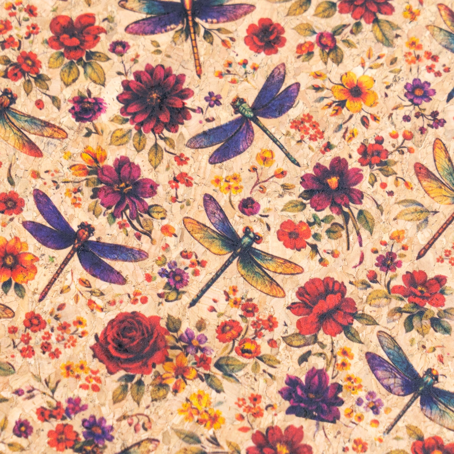 Floral Cork Fabric with Dragonflies COF-15