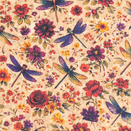 Floral Cork Fabric with Dragonflies COF-15
