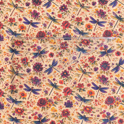 Floral Cork Fabric with Dragonflies COF-15