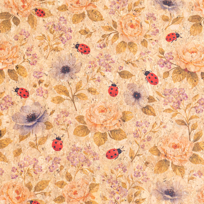Floral Cork Fabric with Ladybugs COF-16