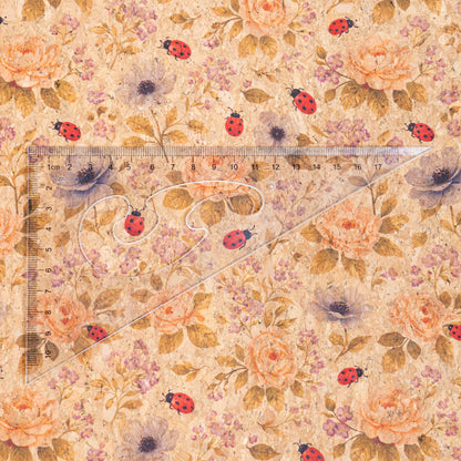 Floral Cork Fabric with Ladybugs COF-16