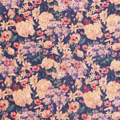 Floral Cork Fabric on Deep Blue Background COF-17