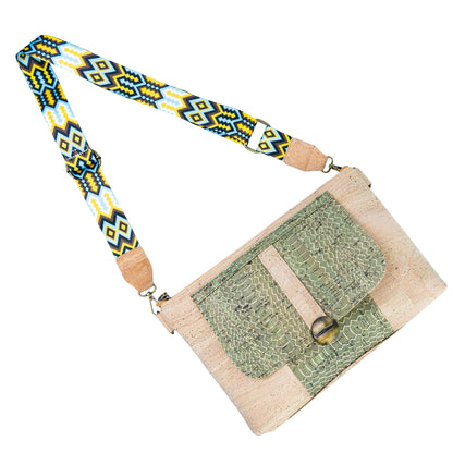 Cork Crossbody Bag with Patterned Flap and Wide Strap BAGP-398