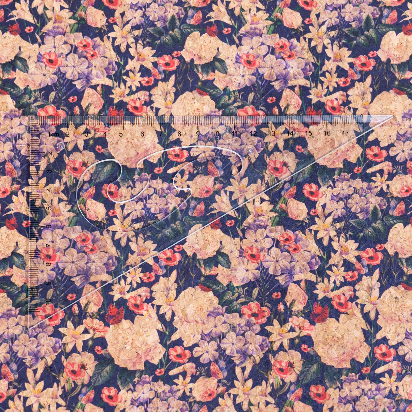 Floral Cork Fabric on Deep Blue Background COF-17