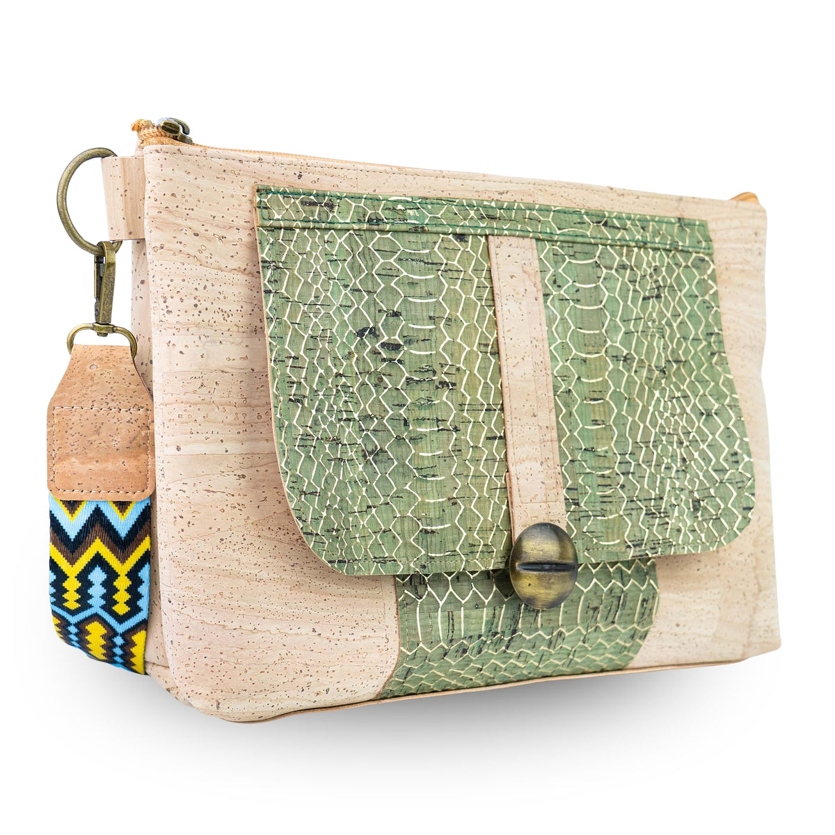 Cork Crossbody Bag with Patterned Flap and Wide Strap BAGP-398