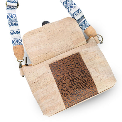 Cork Crossbody Bag with Patterned Flap and Wide Strap BAGP-398