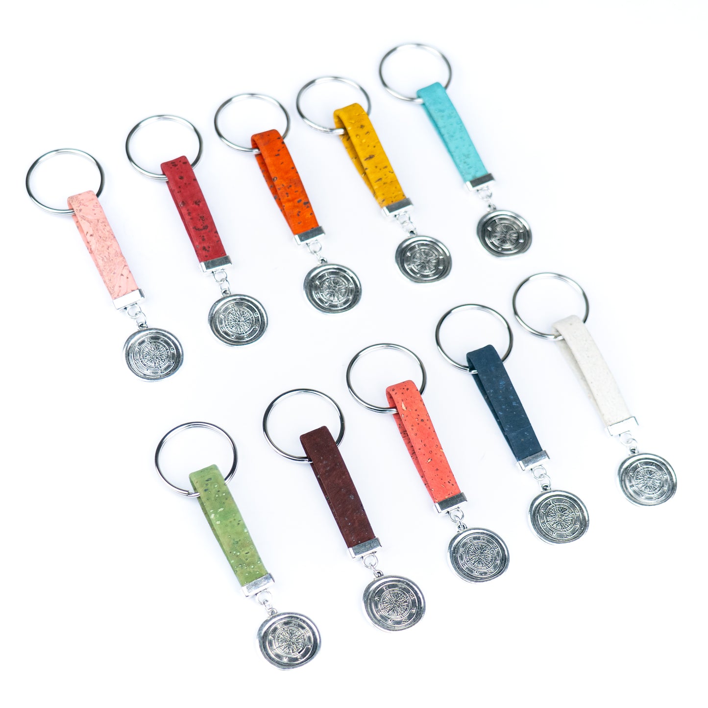 Handmade Cork Keychains with  Compass Medallion Pendant  I-115-MIX-10
