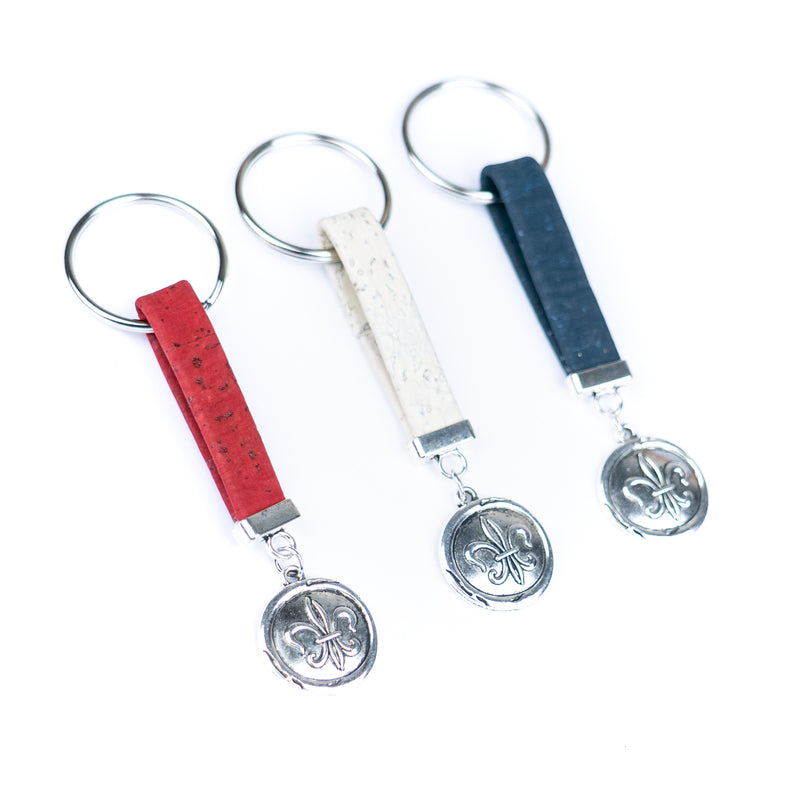 Handmade Cork Keychains with Fleur-de-lis Medallion Pendant  I-079-MIX-10
