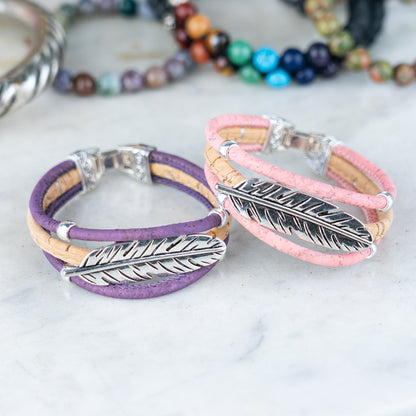 Handmade Portuguese Cork Bracelet Set – Natural Colored Cork with Feather Alloy Charm, Lightweight Eco-Friendly Jewelry（unisex） BRW-023-MIX-5