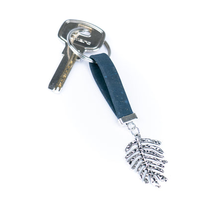 Handmade Cork Keychains with  Feather leaf pendant ，cork keychain  I-118-MIX-10