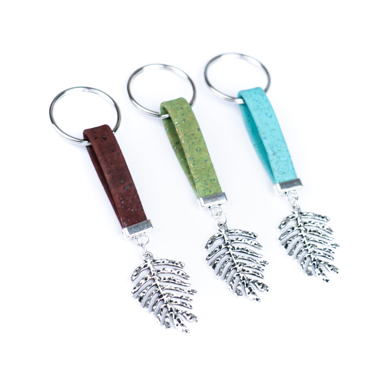 Handmade Cork Keychains with  Feather leaf pendant ，cork keychain  I-118-MIX-10