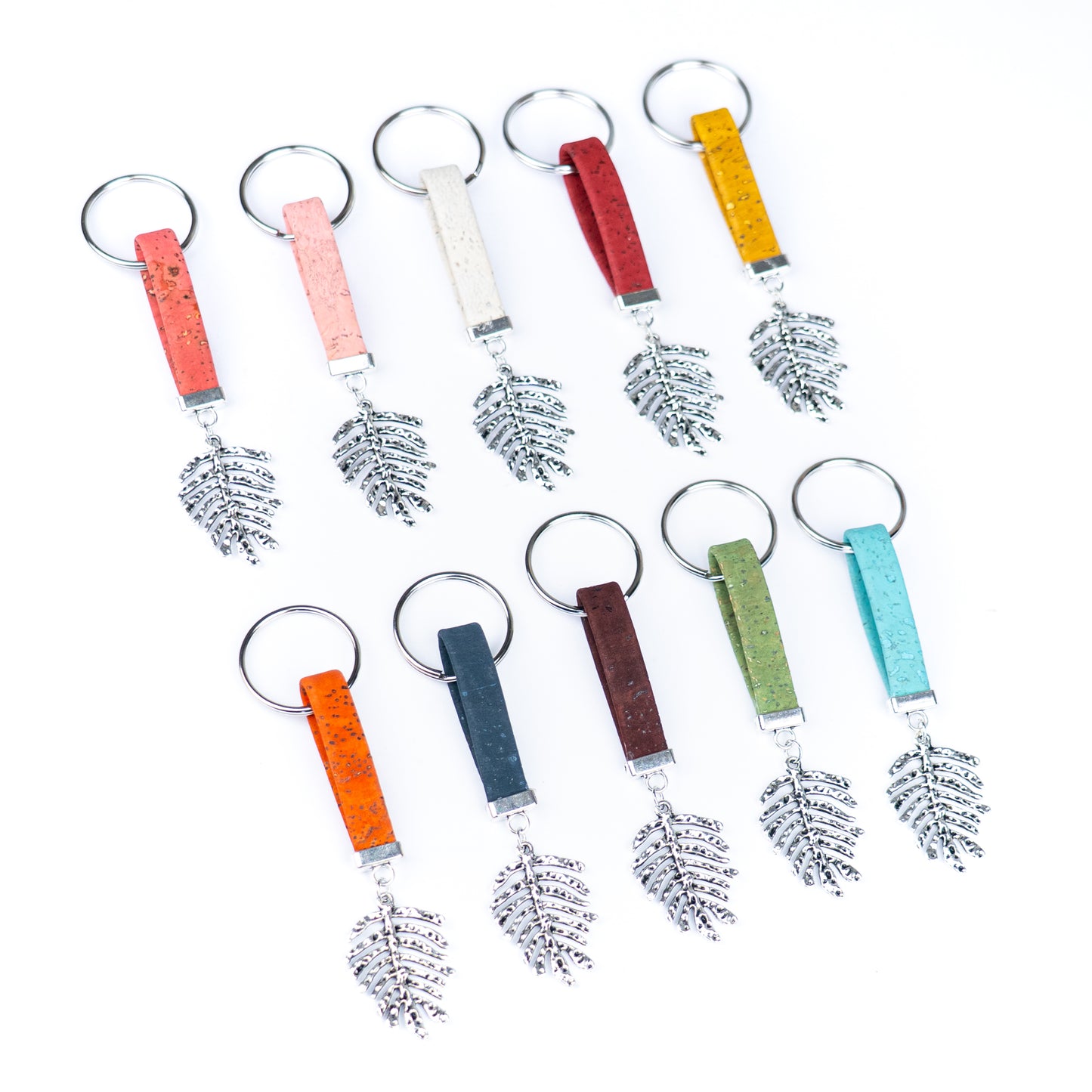 Handmade Cork Keychains with  Feather leaf pendant ，cork keychain  I-118-MIX-10