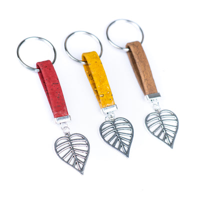 Handmade Cork Keychains with  Hollow Leaf  Pendant  I-083-MIX-10