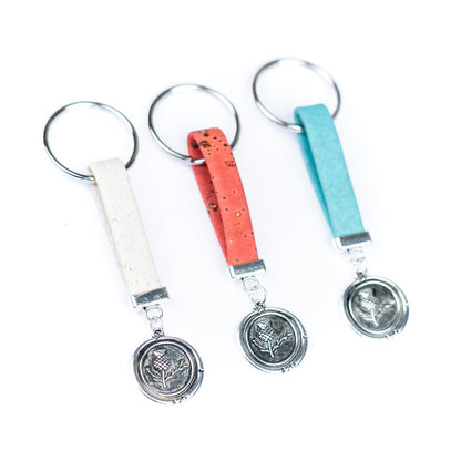 Handmade Cork Keychains with Botanical Emblem Pendant  I-074-MIX-10