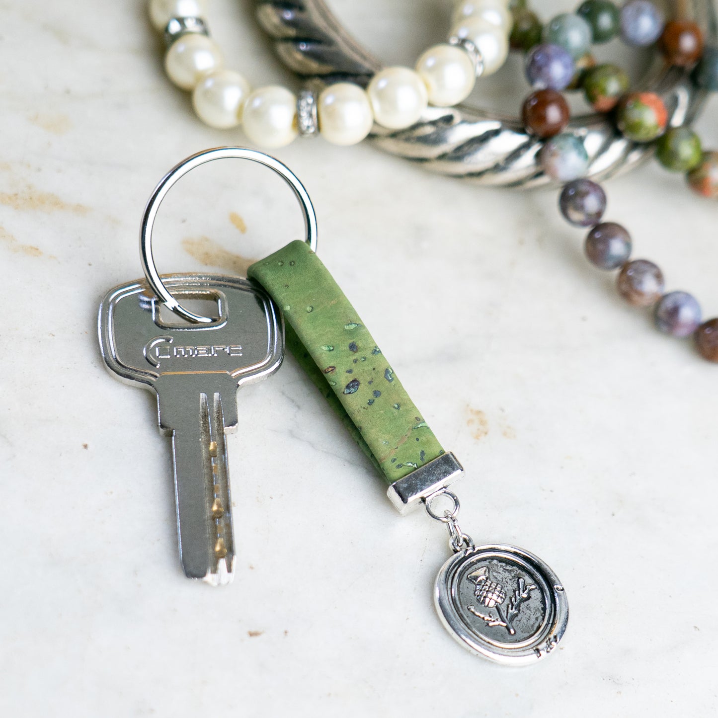Handmade Cork Keychains with Botanical Emblem Pendant  I-074-MIX-10