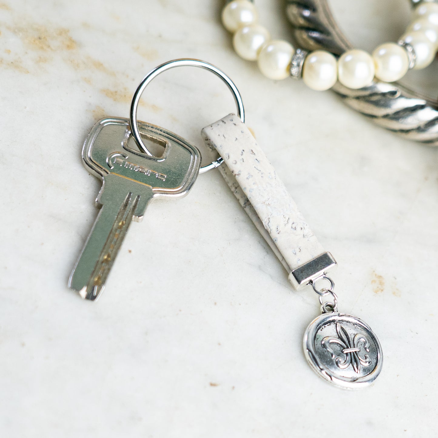 Handmade Cork Keychains with Fleur-de-lis Medallion Pendant  I-079-MIX-10