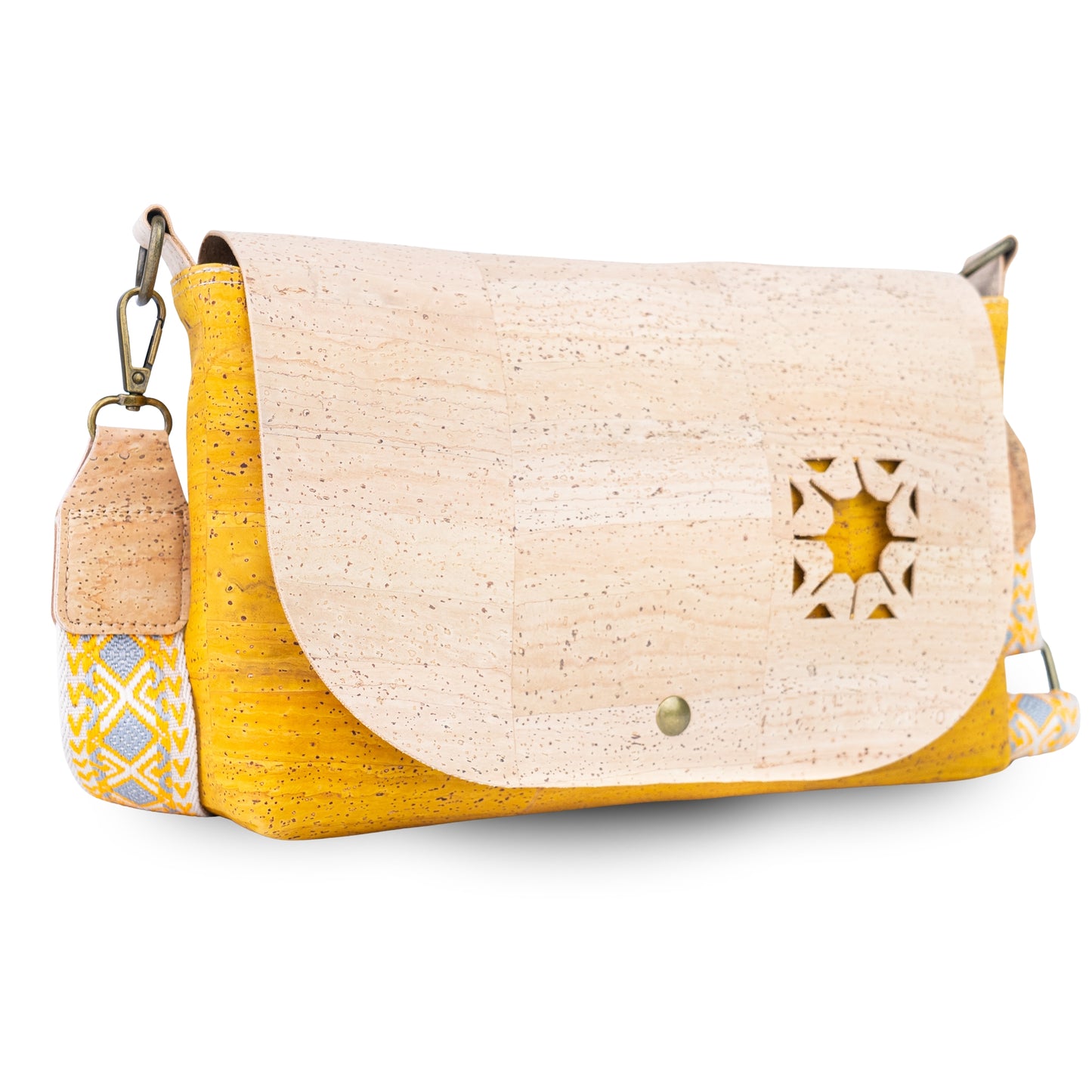 Cork Crossbody Bag with Interchangeable Snap Charm | Natural & Yellow Cork Shoulder Bag BAGP-365