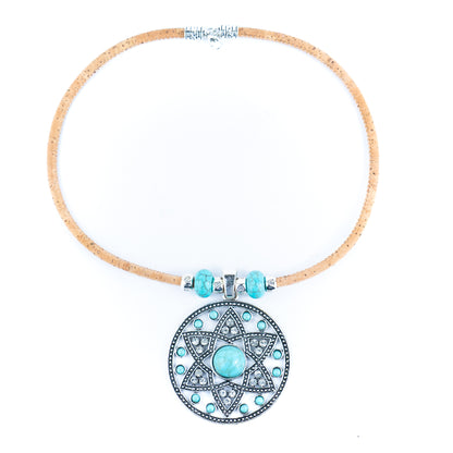 Natural 5mm round cork wire and turquoise beads and pendant handmade necklace NE-1044-5