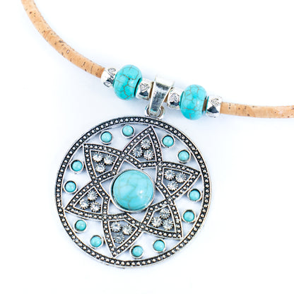 Natural 5mm round cork wire and turquoise beads and pendant handmade necklace NE-1044-5