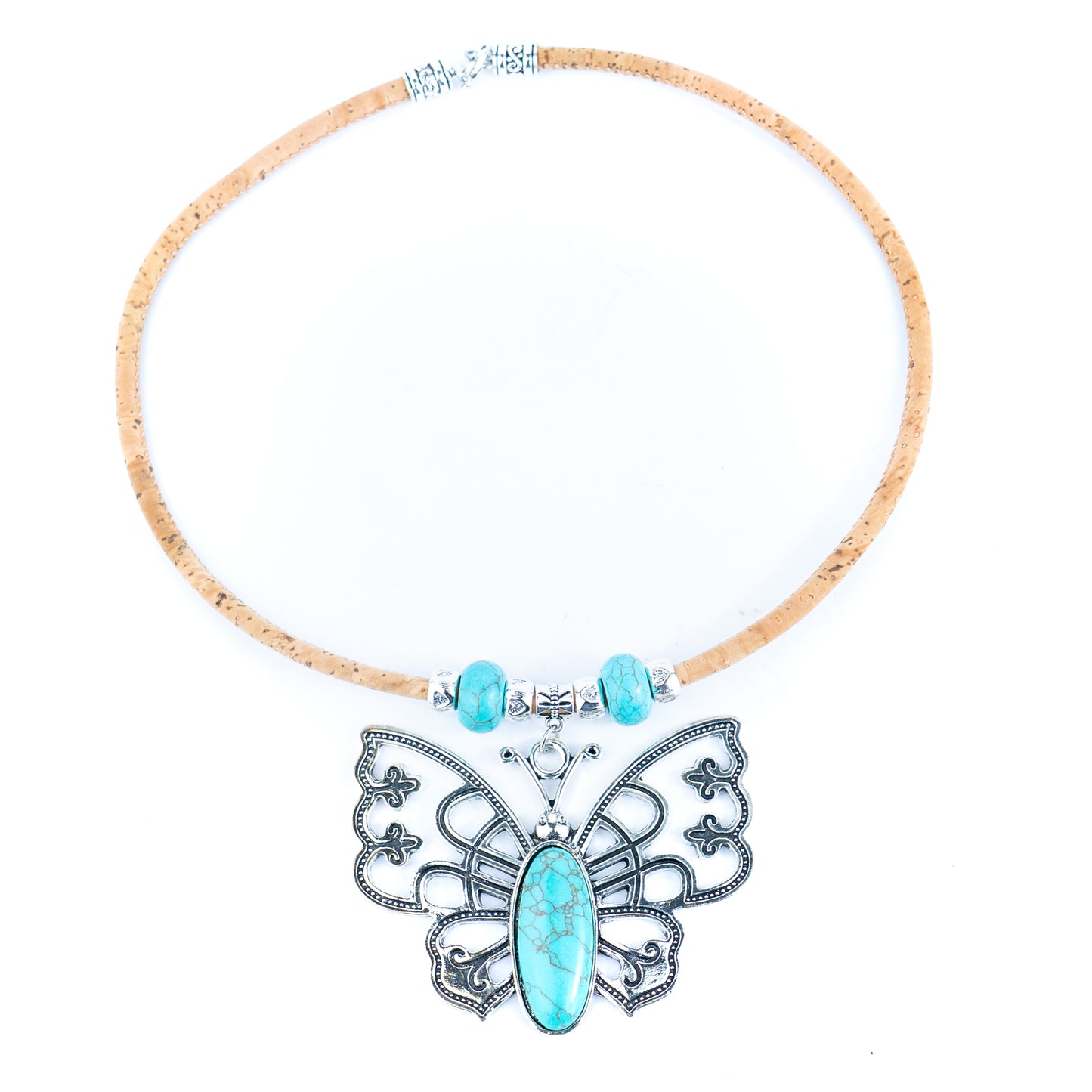 Natural 5mm round cork wire and turquoise beads and pendant handmade necklace NE-1033-5
