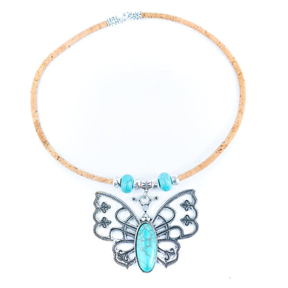 Natural 5mm round cork wire and turquoise beads and pendant handmade necklace NE-1033-5