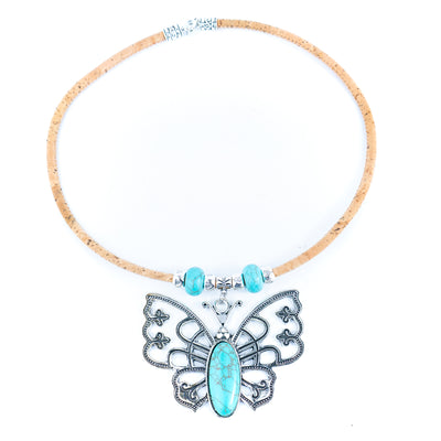 Natural 5mm round cork wire and turquoise beads and pendant handmade necklace NE-1033-5