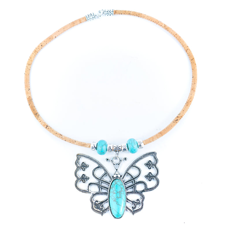 Natural 5mm round cork wire and turquoise beads and pendant handmade necklace NE-1033-5