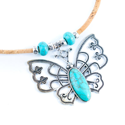 Natural 5mm round cork wire and turquoise beads and pendant handmade necklace NE-1033-5