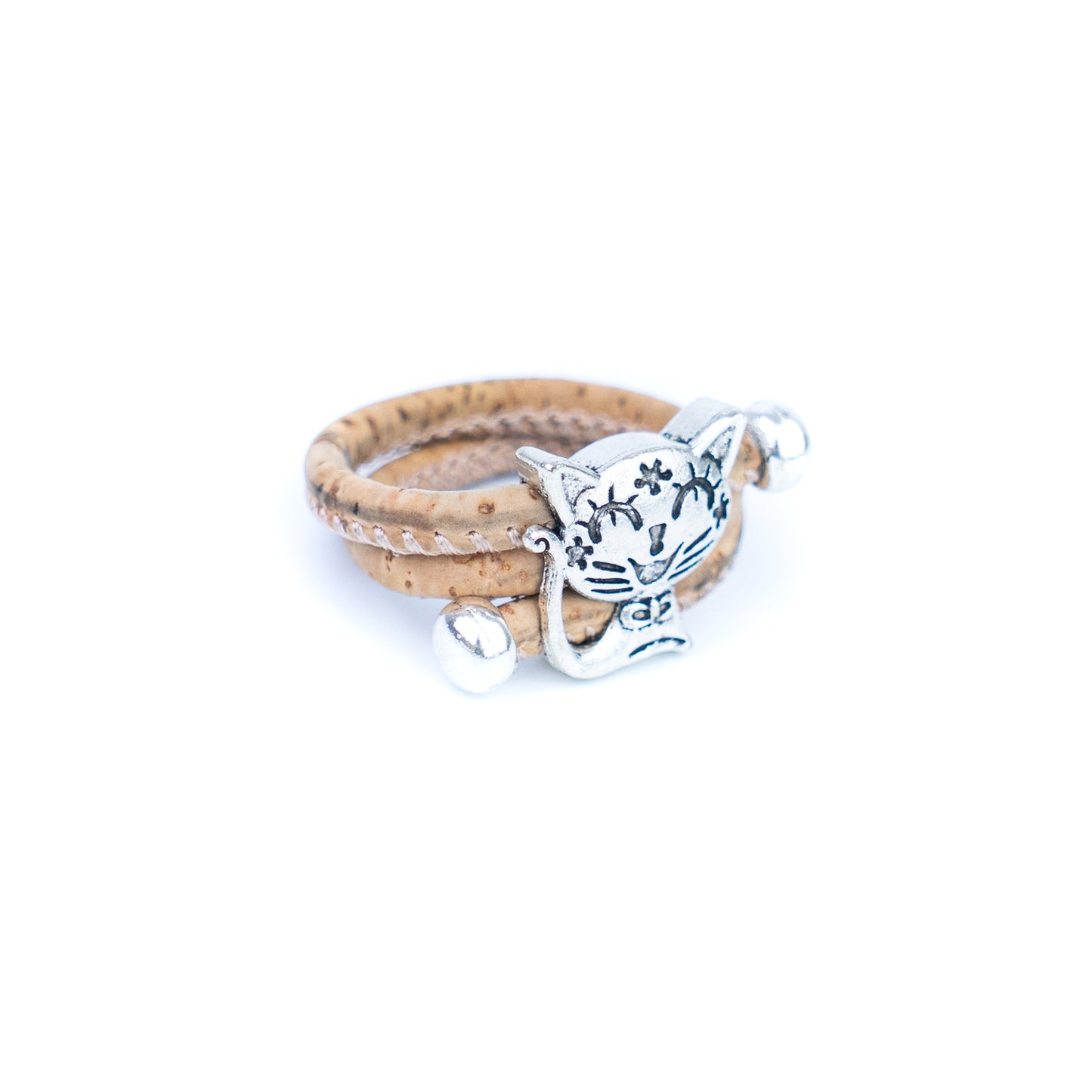Cute Cat Cork Wrap Ring – Adjustable Portuguese Cork Ring with Alloy Charm RW-023-MIX-10
