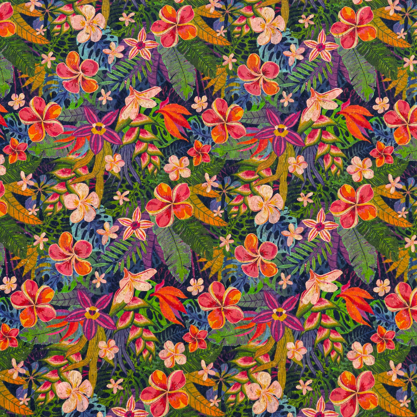 Tropical Floral Cork Fabric with Colorful Leaves & Flowers COF-686
