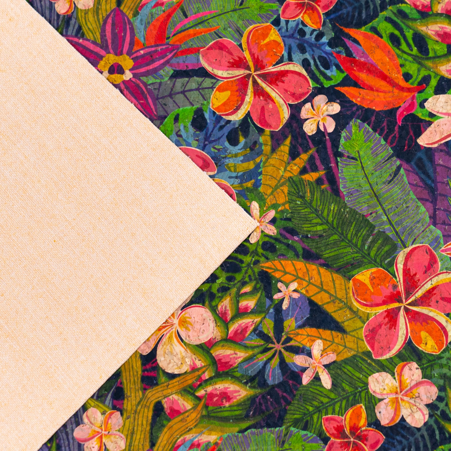 Tropical Floral Cork Fabric with Colorful Leaves & Flowers COF-686