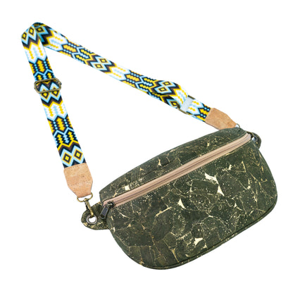 Cork Crossbody Sling Bag with Gold Accents and Patterned Strap BAGP-400