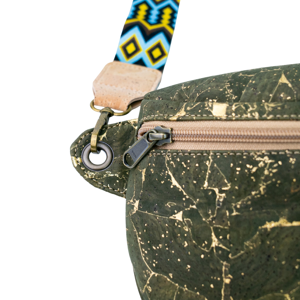 Cork Crossbody Sling Bag with Gold Accents and Patterned Strap BAGP-400