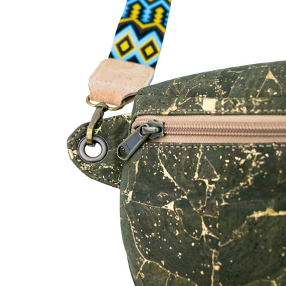 Cork Crossbody Sling Bag with Gold Accents and Patterned Strap BAGP-400