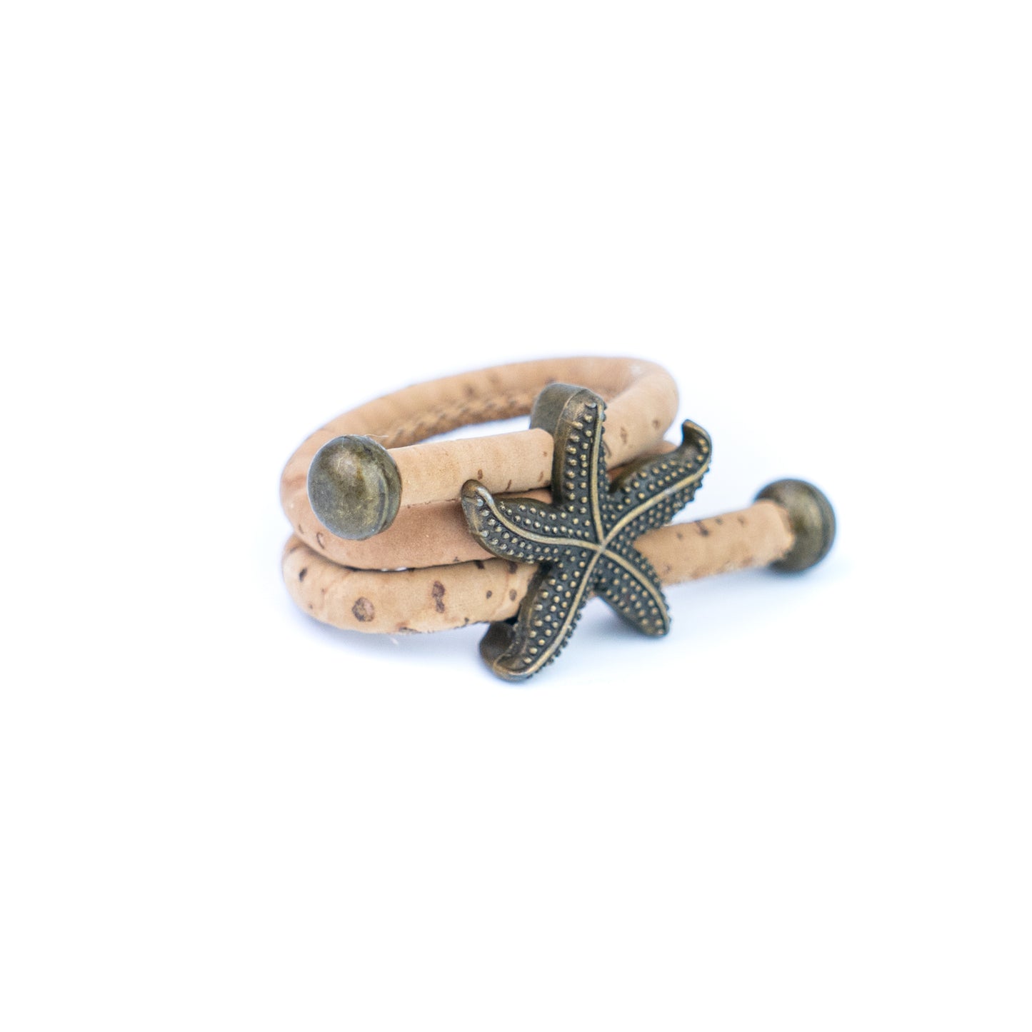 Handcrafted women's ring with natural cork cord and bronze starfish alloy hardware  RW-042-MIX-10
