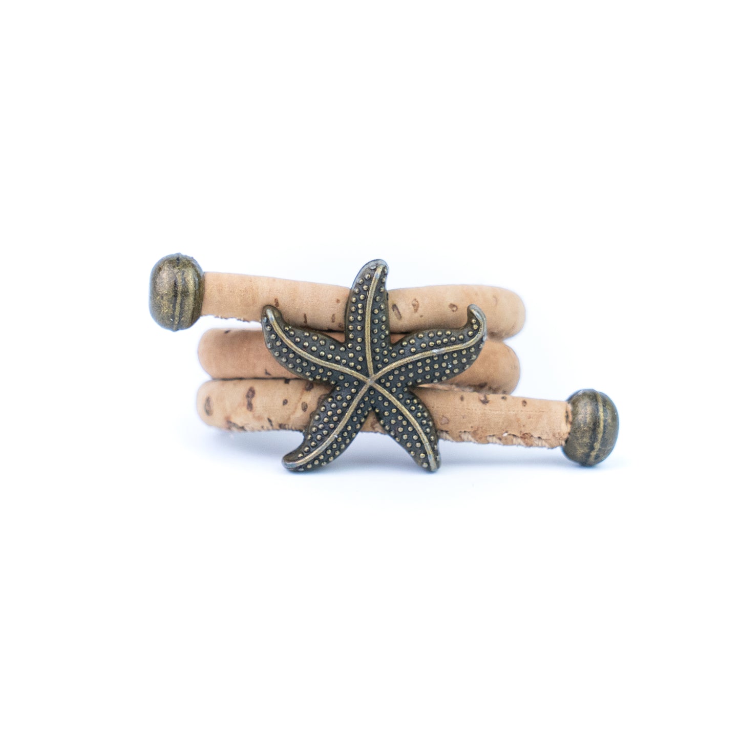 Handcrafted women's ring with natural cork cord and bronze starfish alloy hardware  RW-042-MIX-10