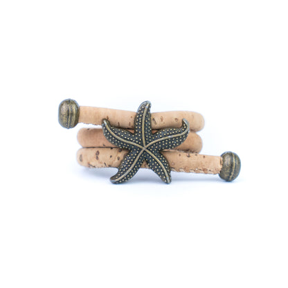 Handcrafted women's ring with natural cork cord and bronze starfish alloy hardware  RW-042-MIX-10