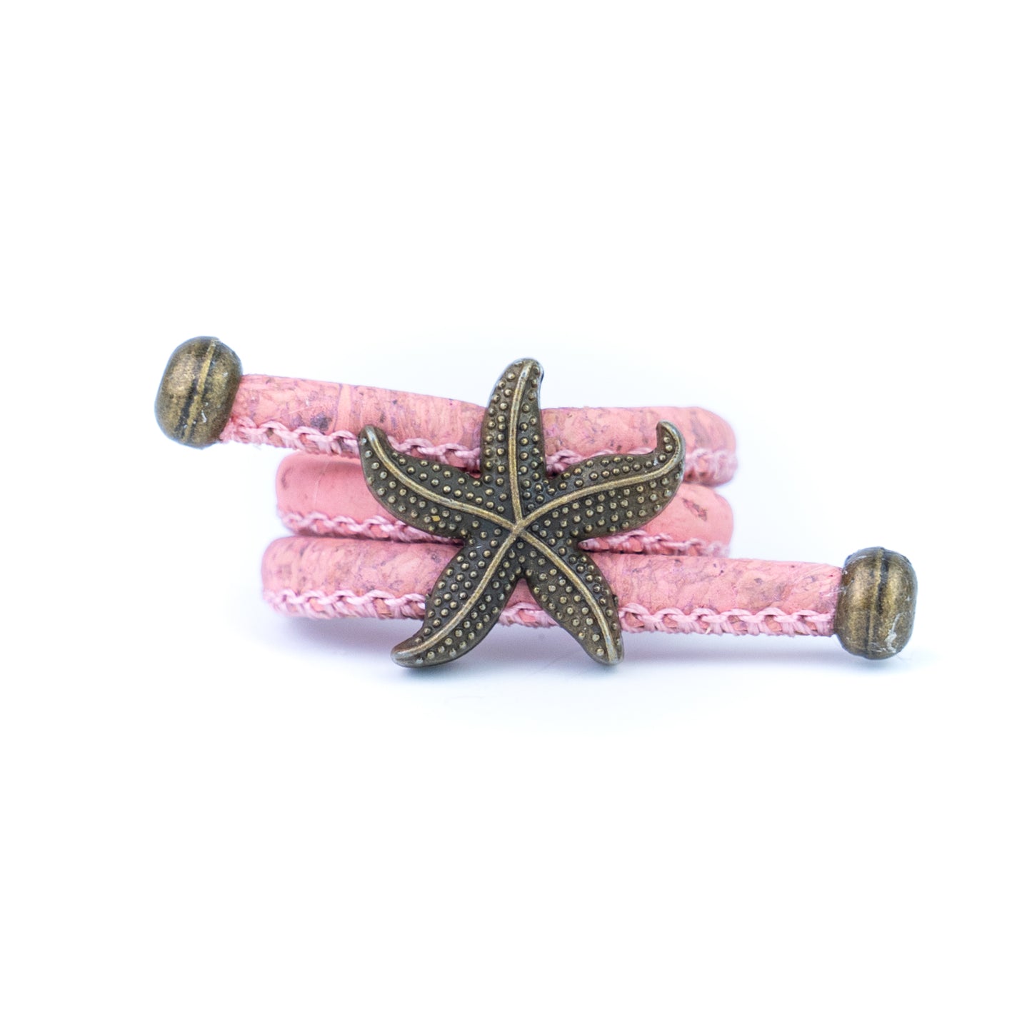 Handcrafted women's ring with natural cork cord and bronze starfish alloy hardware  RW-042-MIX-10